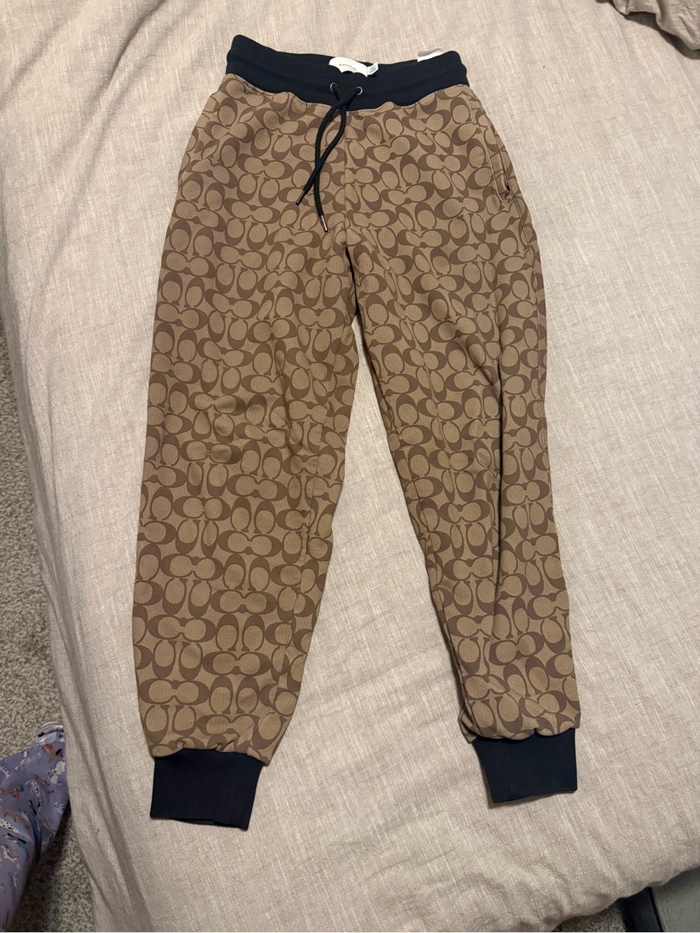 Coach Tan Brown Signature Logo Joggers with Black Trim